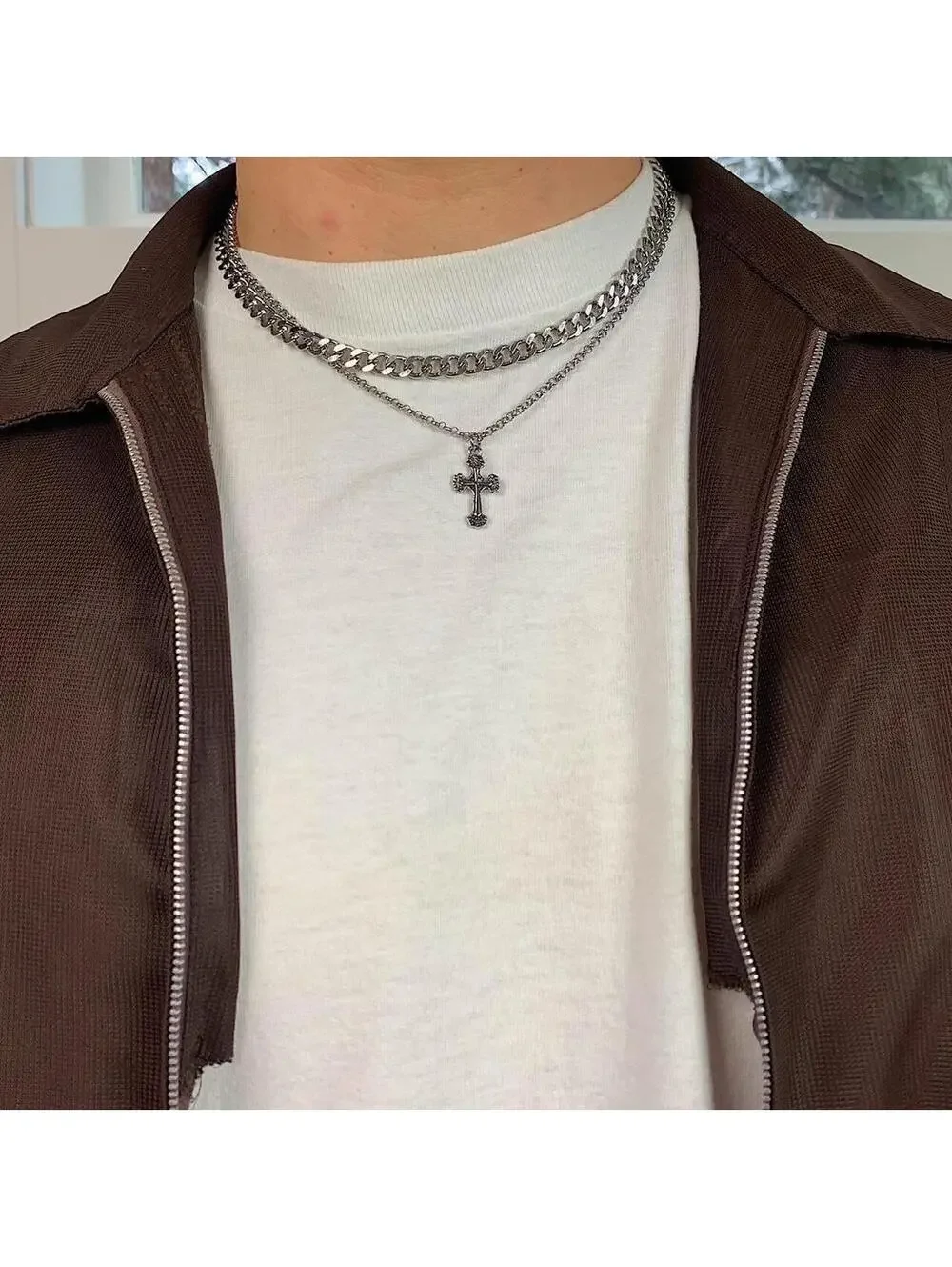 Y2k 2000s style Stainless Steel Double layer silver chrome cross chain grunge